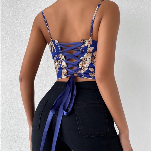 Boho Satin Floral Print Lace Up Bustier Corset Tube Crop Top Sexy - Picture 3 of 14